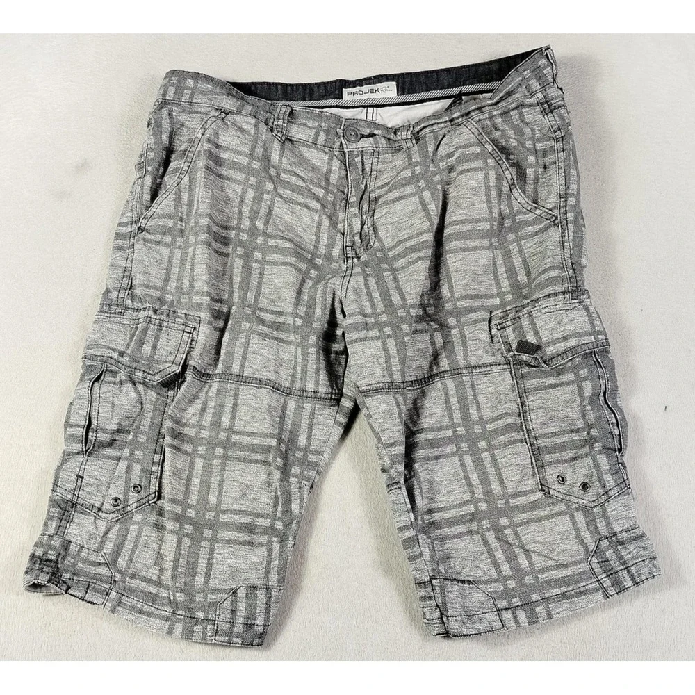 Projek Raw Cargo Shorts Mens 36 Gray Plaid Canvas Relaxed Fit Casual Summer